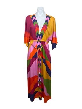 Farm Rio x Anthropologie Maxi Cover-Up Dress M V-Neck Geometric Multicolor